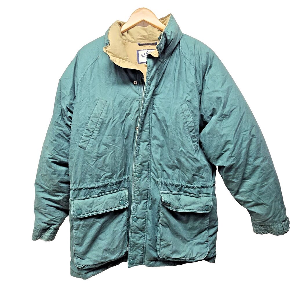 The Company Store Vintage Teal Puffer Down Jacket Sz Large Pockets Hidden Hood